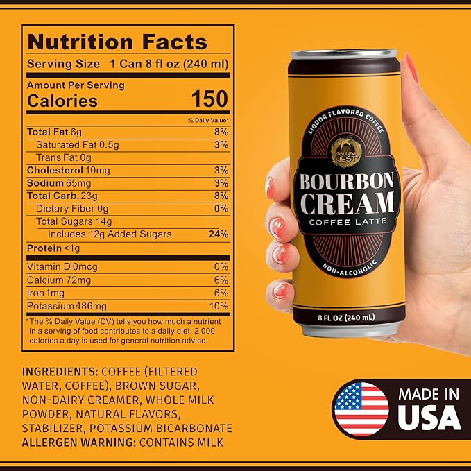 Golden Nest Liquor-Flavored Coffee Latte | Ready to Drink Liquor-Inspired Non-Alcoholic Creamy Beverage | All Natural No Preservatives | 8 Fl Oz Can (Bourbon Cream 8 Fl Oz (Pack of 12))