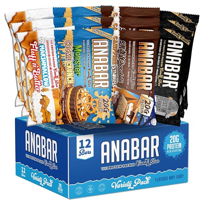 Anabar Protein Bar The Protein-Packed Candy Bar World's Best Tasting Protein Bar No Sugar Alcohols High Protein Amazingly Delicious 20 Grams of Protein (12 Bars Variety Pack)