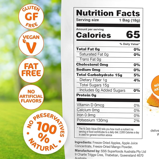 Happles Freeze Dried Apples with Mango Fruit Powder – 100% Natural No Added Sugar Healthy Low Calorie Apple Crisps Snack for Adults &amp Kids Gluten Free No Artificial Flavours (10 Pack)