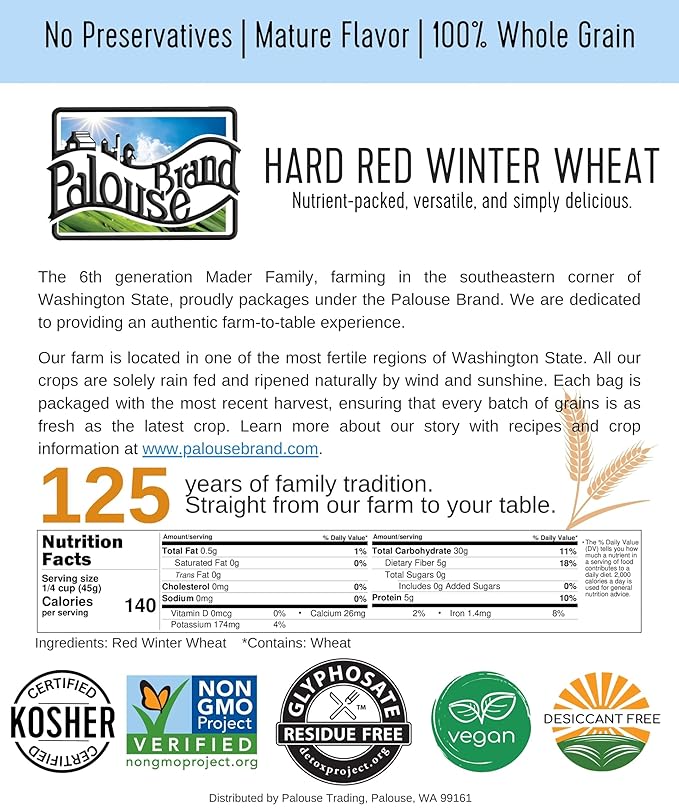 Palouse Brand Hard Red Winter Wheat Berries | 100 LBS | Desiccant Free | Sproutable | Non-GMO Project Verified | Kosher