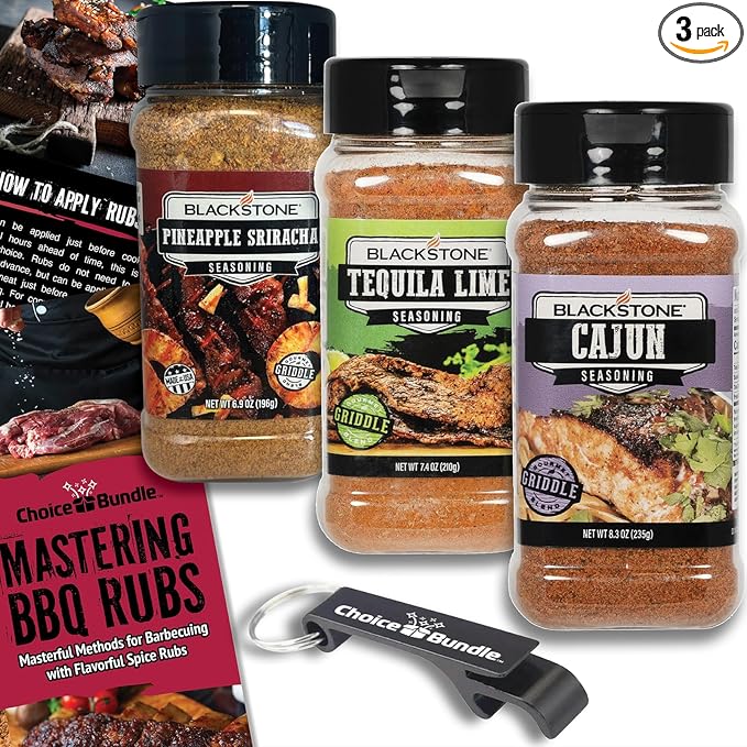 Blackstone Cajun Pineapple Sriracha Tequila Lime Seasoning - Gourmet Griddle Premium BBQ Barbecue Rub 3 Pk Choice Bundle (22.6 oz) + BBQ Guide &amp Bottle Opener (5 Items)!