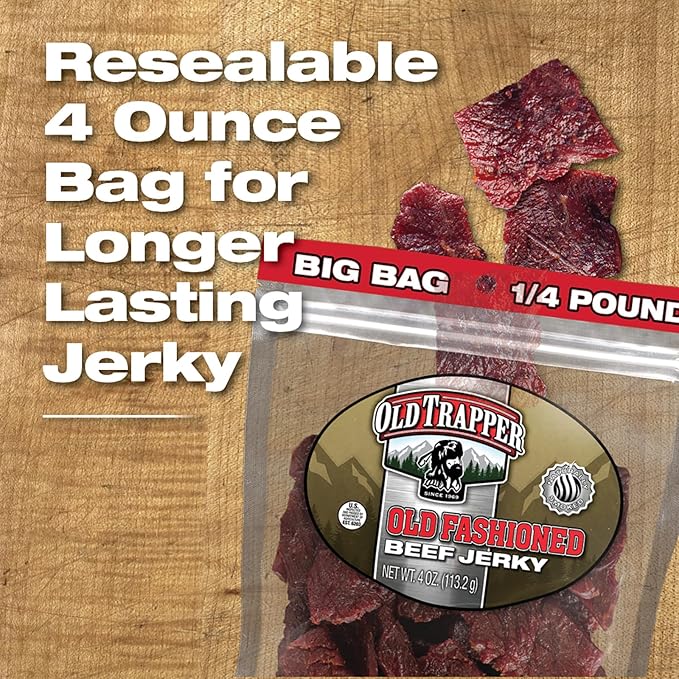 Old Trapper Beef Jerky Old-Fashioned 1/4-Pound Individual Package Tender Meat Snacks for Lunches or Between Meals 11 Grams of Protein Zero Grams of Fat 70 Calories per Serving (Pack of 8)