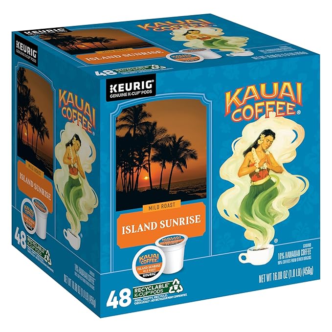Kauai Coffee K-Cup Pods for Keurig Brewers – Arabica Coffee 10% Hawaiian – Mild Roast Light with Bright Aroma – Island Sunrise 1 Pack of 48 Single Serve K-Cups
