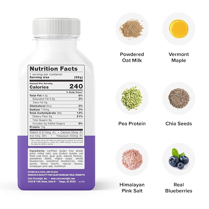 Oats Overnight Blueberry Muffin Bottled Shake - Gluten Free Non-GMO Vegan Friendly Breakfast Meal Replacement Shake with Powdered Oat milk. 15g of Protein (10 Pack)