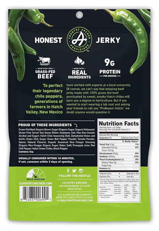 Hatch Chile Beef Jerky by Country Archer 100% Grass-Fed Gluten Free 2.5 Ounce (4 Pack)