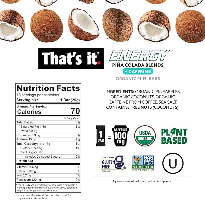 That’s it. Piña Colada Energy Mini Bars | 100mg Natural Caffeine |Pineapple Coconut| Allergy-Friendly Organic Non-GMO Gluten-Free Snacks | 15 Count
