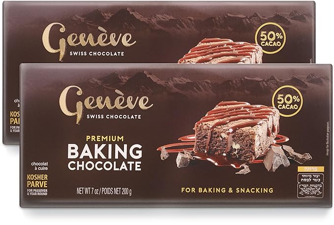 Geneve Swiss Dark Baking Chocolate - 50% Cacao | Vegan | 7oz Bar (2 Pack) | Rich &amp Smooth Swiss Dairy Free Dark Chocolate | All Natural | Certified Kosher (including Passover)