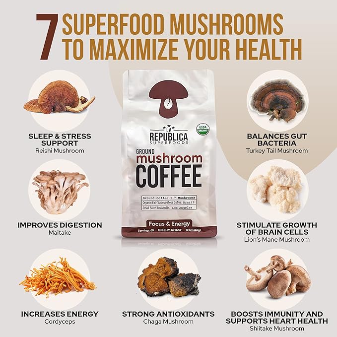 La Republica Ground Mushroom Coffee Organic Fair Trade Arabica with Superfood Mushrooms (Medium Roast 60 Servings)