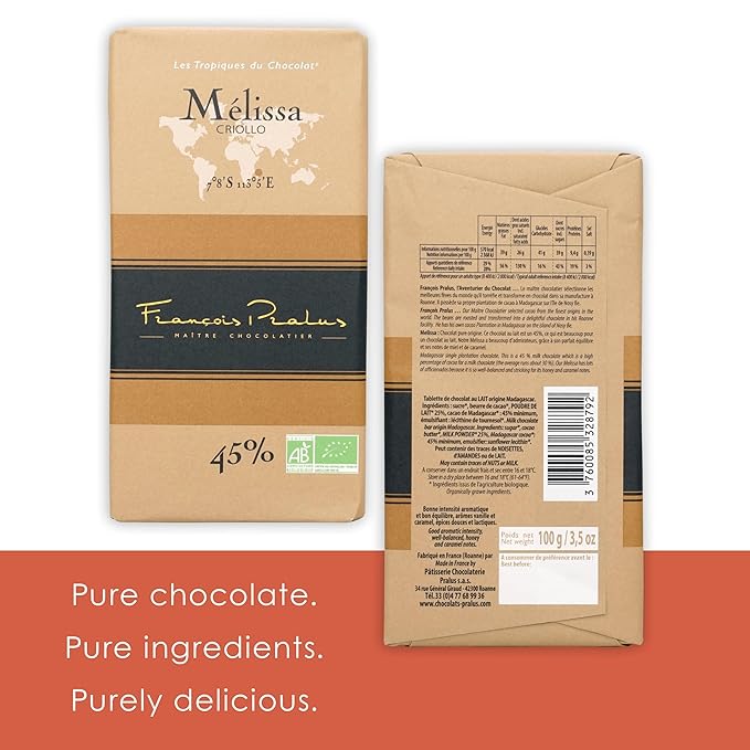 François Pralus Melissa 45% Milk Chocolate 3 Pack - French Chocolate - Bean-to-Bar Direct Trade - Gluten-Free Soy-Free Organic - Bundle