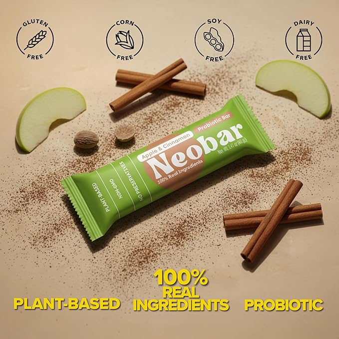 NEOBAR Probiotic Fruit and Nut Bars - Plant-Based Vegan Snack Bars Gluten Free Dairy Free Snacks No Added Sugar No Preservatives Non-GMO | Apple &amp Cinnamon12 Count
