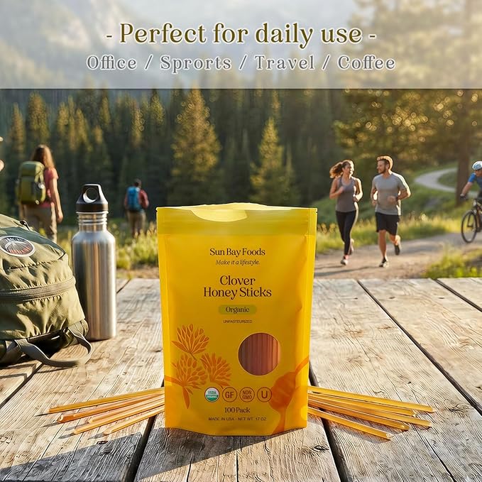 Sunbay Foods Honey Sticks Organic Clover Raw Honey Straws 100% Pure Natural Sweetener for Tea Coffee Snacks and On-the-Go Energy Non-GMO Daily Wellness Support-Made in the USA (100 Count))