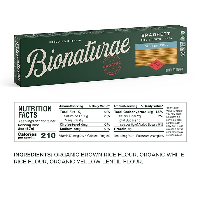 Bionaturae Spaghetti Pasta Noodles - Gluten Free Spaghetti Pasta Rice &amp Lentil Pasta Kosher High Protein Non-GMO USDA Certified Gluten Free Spaghetti Noodles Crafted in Italy - 12 Oz 6 Pac