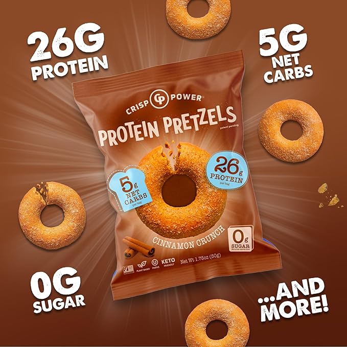 CRISP POWER Protein Pretzels NEW Cinnamon Crunch 26G Protein High Protein Snack High Fiber Low Carb Crunchy Pretzel Snacks No Added Sugar 1.75 oz Bags 6 Pack Vegan Keto