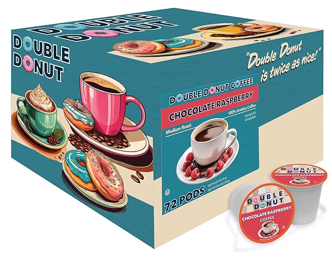 Double Donut Coffee Chocolate Raspberry Flavored Coffee Pods Medium Roast Coffee Compatible with Keurig K Cups Brewers 72 Count