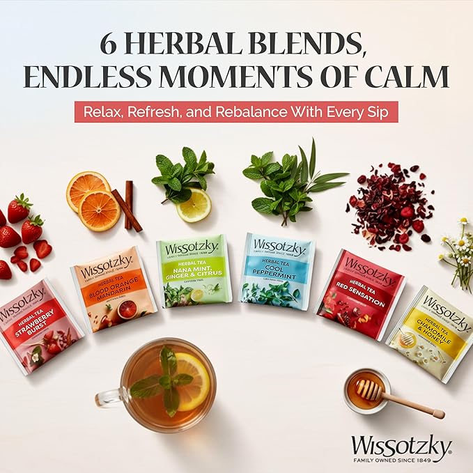 Wissotzky Herbal Tea Variety Pack Sampler (42 Tea Bags) in a Premium Reusable Gift Box | Valentines Day Gift | Caffeine-Free | 6 Exciting Flavors | Individually Wrapped Tea Bags | Ideal Present for Ho