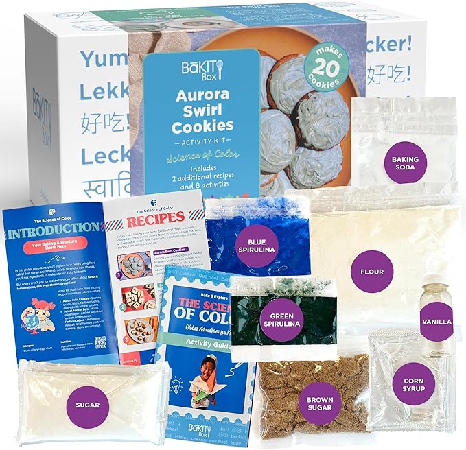 BāKIT Box Aurora Swirl Cookies Baking Kit for Kids STEM Science of Color Educational Activity Kit Learn Chromatography Color Mixing &amp More Includes Organic Food Coloring with Spirulina Ages