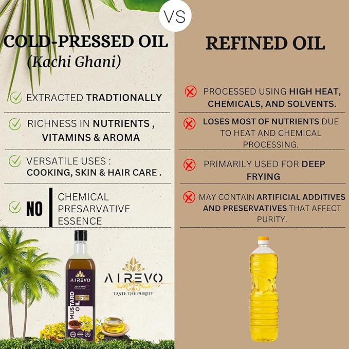 AIREVO Unrefined Wood Pressed Black Mustard Oil – Kolhu/Kacchi Ghani/Chekku/Marachekku Cold Pressed – Pure &amp Chemical-Free – Kachi Ghani Sarso Tel – Rich In Nutrients – (1000ML)