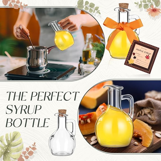 18 Pcs 6.7 oz Glass Maple Syrup Bottles Clear Reusable Glass Bottles with Lids Loop Handle and Maple Syrup Stickers Syrup Jars Syrup Container for Milk Potion Juice Sauce Oil Storage Gift