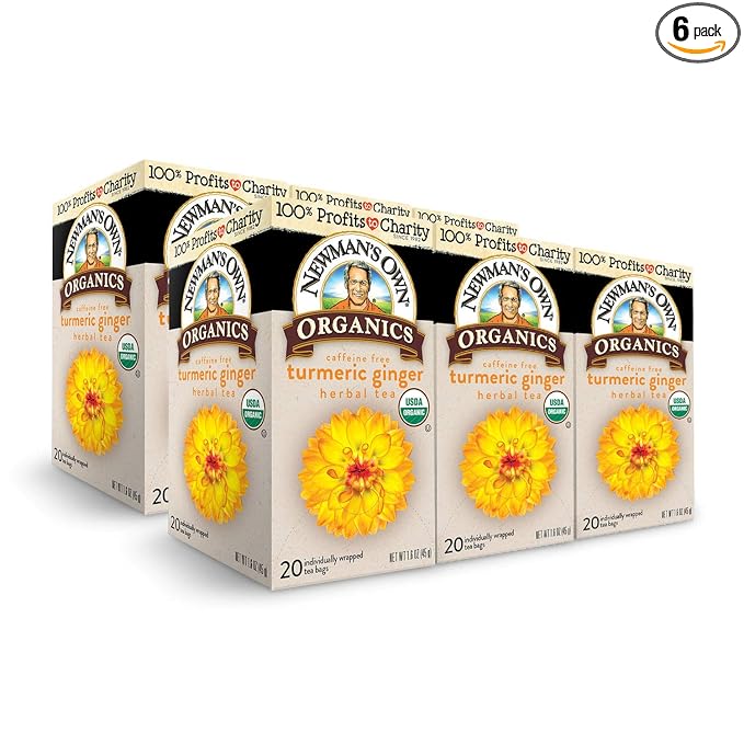 Newman's Own Organic Turmeric Ginger Herbal Tea Caffeine-Free Savory &amp Spicy Flavors Combined For The Perfect Cup Of Tea 6 Pack Of 20 Tea Bags Individually Wrapped 120 Teabags Total
