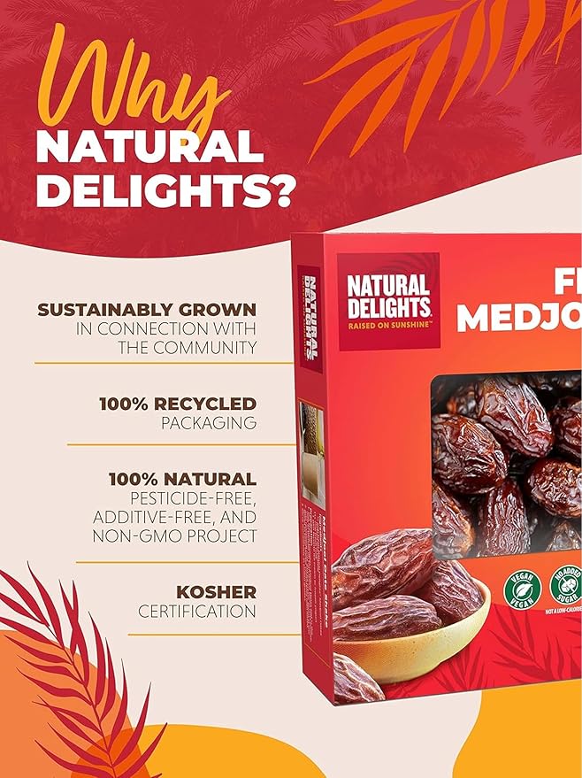 Natural Delights Medjool Dates Whole - Non-GMO Verified Fruit Good Source of Fiber &amp Potassium Naturally Sweet Snack for On-the-Go Large &amp Plump Dates - Bulk 5 lb Box (Pack of 2)