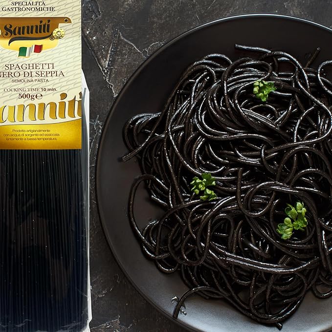 Sanniti Nero di Seppia Spaghetti 500g | Premium Italian Squid Ink Pasta | Rich Gourmet Flavor | Crafted in Italy (Pack of 4)