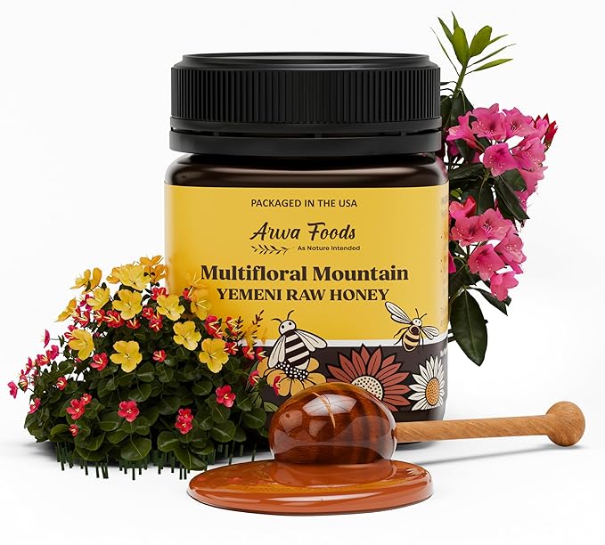 Arwa Foods Multifloral Mountain Yemeni Raw Honey - Royal Yemeni Raw honey from Wadi of Douan - Sealed &amp Packaged in USA - 100% Unfiltered Raw &amp Pure Honey (8.82 oz)