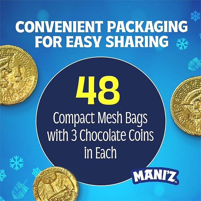 Hanukkah Gelt Manischewitz Milk Chocolate Gold Coins (48 Bags) | St. Patrick’s Day Chocolate Coins | Mesh Bags Filled with Individually Wrapped Hanukkah Gelt Gluten Free - Best By: 6/27/2026