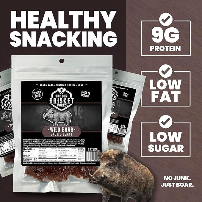 WILD BOAR JERKY - 100% Feral Swine - Rustic Wild Game Snack Rugged Carnivore Gift for Him - Unique Meat Lover Present