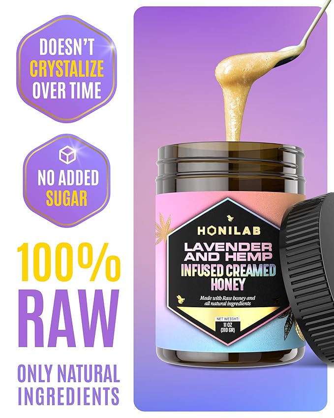 Spun Honey Lavender &amp Hemp Infused Creamed Honey - OU Kosher Certified - Natural &amp Pure Blend - No Added Flavors Independent Testing for Purity and Potency Whole Ingredients - 11 Oz. Jar