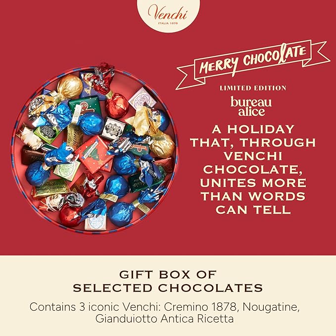 Venchi Medium Christmas Hatbox Gift with Assorted Chocolates with “Piedmont Hazelnut” Limited Edition 9.70 oz Gluten-Free Gift Idea