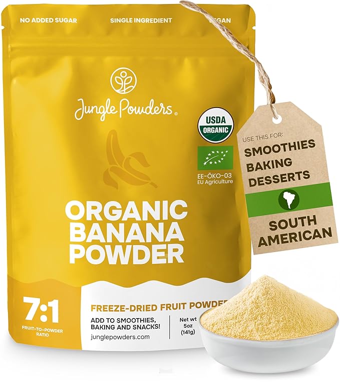 Jungle Powders Organic Banana Powder for Smoothies 5 Ounce Bag Freeze Dried Banana Powder Extract for Baking Flavoring Flakes Flour for Juice