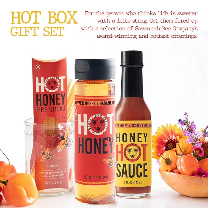 Savannah Bee Company Hot Honey Box Gift Set - Award-Winning Honey Collection - Includes Hot Honey Sauce and Fire Sticks - Perfect Gourmet Gift for Spice Lovers