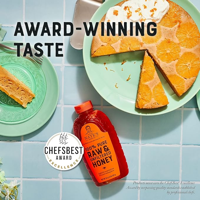 Nate's 100% Pure Raw &amp Unfiltered Honey - Award-Winning Taste 32oz. Squeeze Bottle (6 Pack)