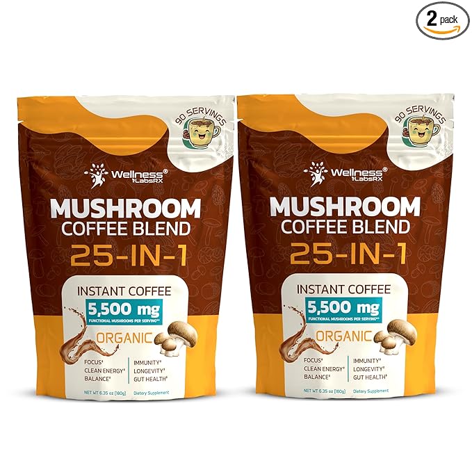 Mushroom Coffee Organic Instant Coffee 25-in-1 Third-Party Tested Keto Friendly Lions Mane Supplement with Functional Mushrooms – Shiitake Reishi Lion’s Mane &amp More | Smooth Rich Flavor - 90