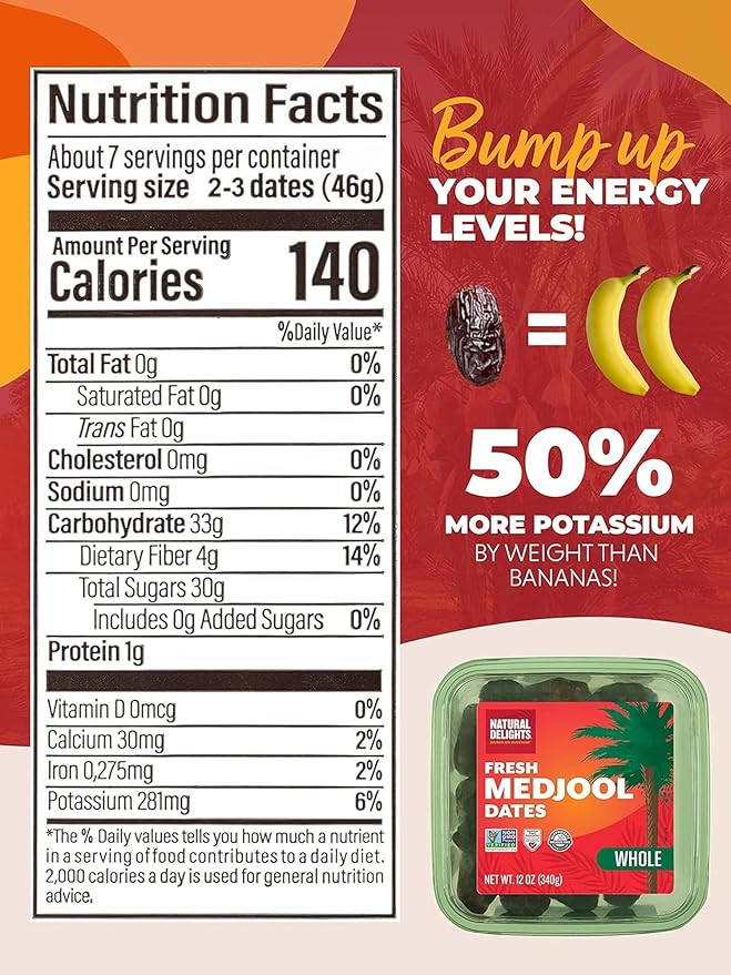 Natural Delights Medjool Dates Whole - Non-GMO Verified Fruit Good Source of Fiber &amp Potassium Naturally Sweet Snack for On-the-Go Large &amp Plump Dates - 12 oz Tub (Pack of 2)