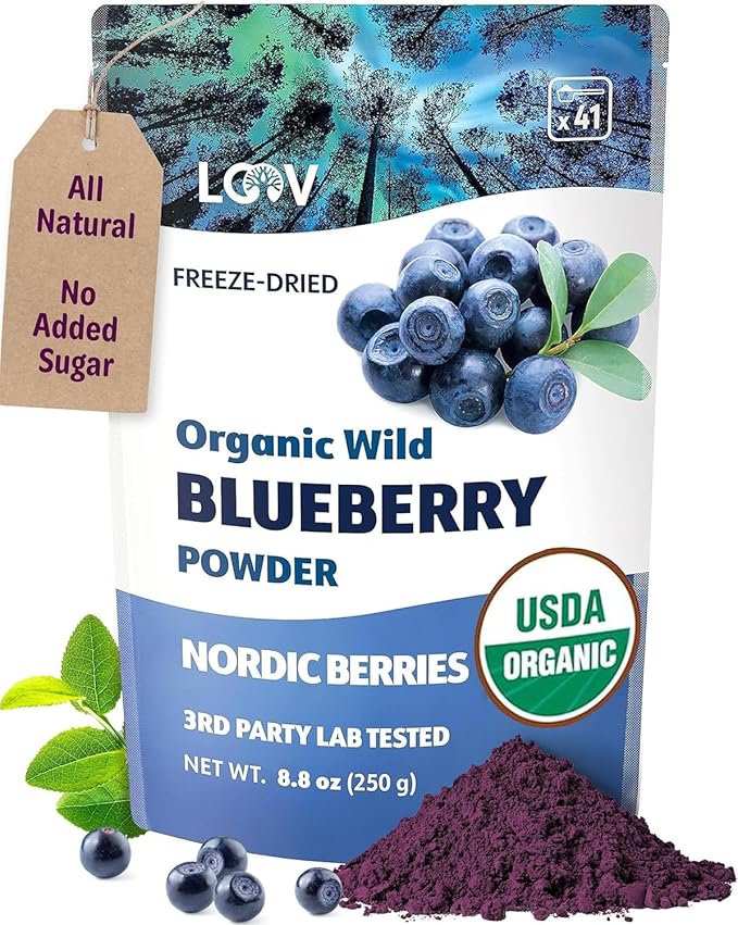 LOOV Organic Wild Blueberry Powder - 41-Day Supply 8.8 Oz Good for Smoothie &amp Breakfast Freeze-Dried from Northern Europe No Added Sugar