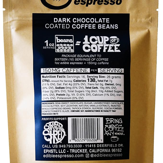 Edible Espresso - Dark Chocolate Covered Coffee Beans 150mg caffeine = one cup of coffee! Plant-based Dairy-Free Natural Energy. (1 pound / 16 servings)