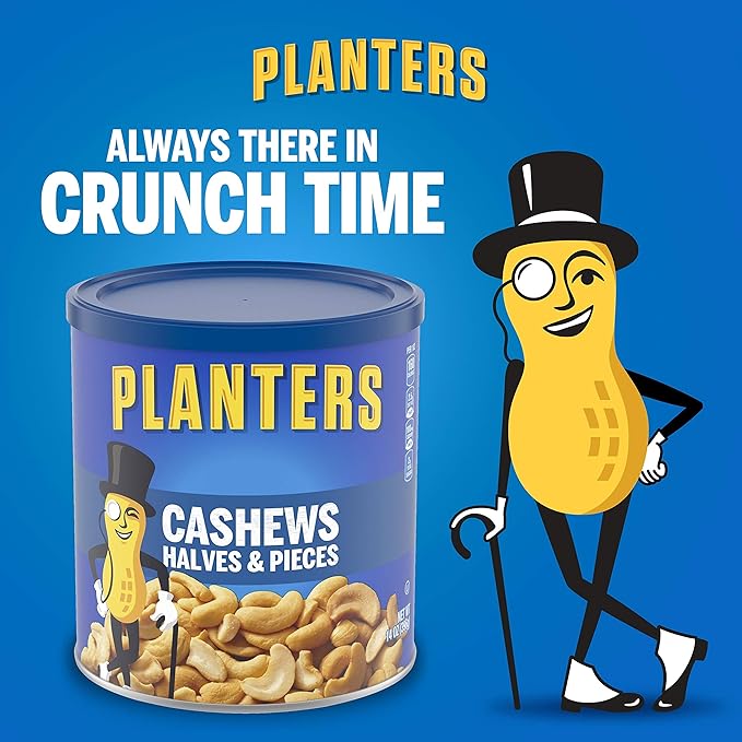 PLANTERS Salted Cashew Halves &amp Pieces Party Snacks Plant-Based Protein 14 Oz Canister (Pack of 2)