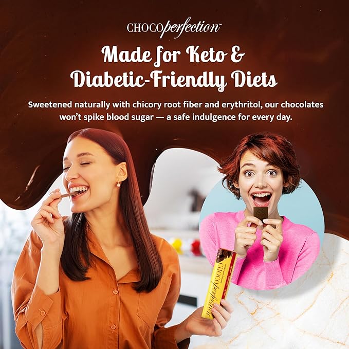 ChocoPerfection Sugar Free Dark Chocolate Bars - Keto-Friendly Gluten-Free and Vegan - No Maltitol and Fiber-Rich with Low Glycemic &amp Low Carb Snacks - European Taste - Box of 12 Bars (50g each)