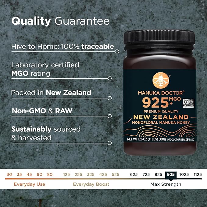 Manuka Doctor - MGO 925+ Manuka Honey Monofloral 100% Pure New Zealand Honey. Certified. Guaranteed. Raw. Non-GMO (17.6 oz)