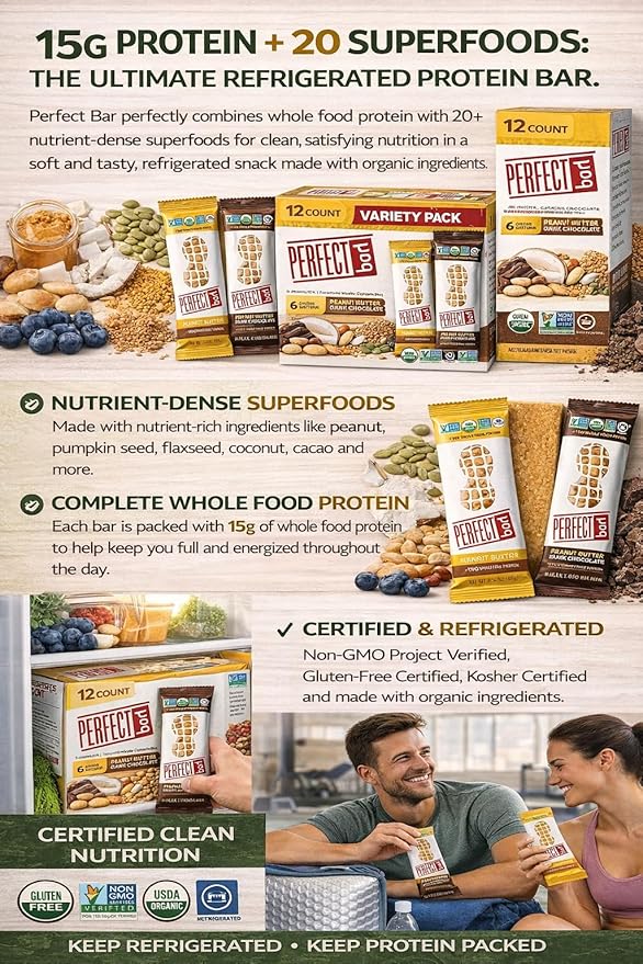 Perfect Bar Organic Protein Bars Variety Pack 12 Count | 15g Protein 20 Superfoods | Gluten Free Non-GMO Kosher | Healthy Refrigerated Snack Bars | Peanut Butter Dark Chocolate