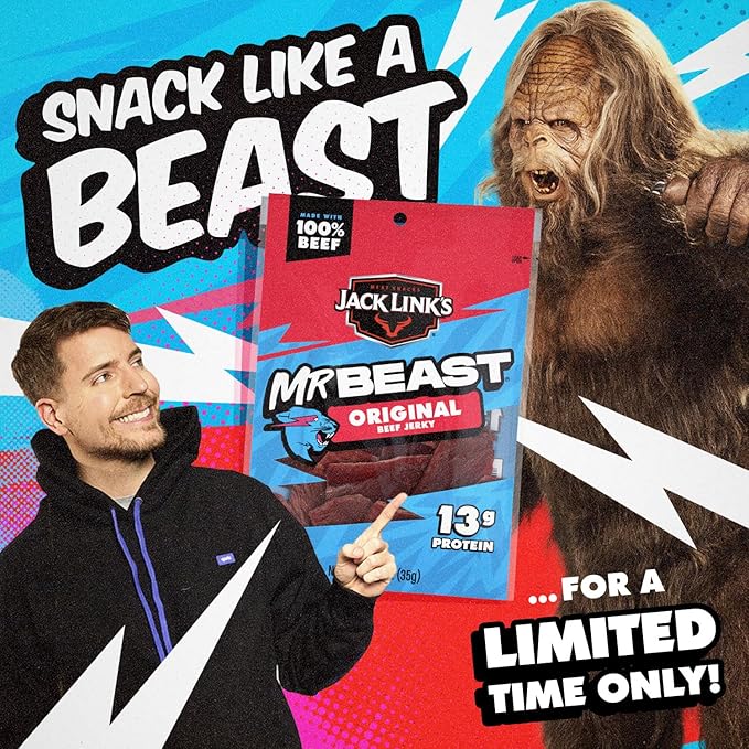 Jack Link's x MrBeast Original Beef Jerky - (10 Pack) 1.25 oz Bags - Ready to Eat Protein Snacks - 13g Protein per Serving - Made with 100% Real Beef