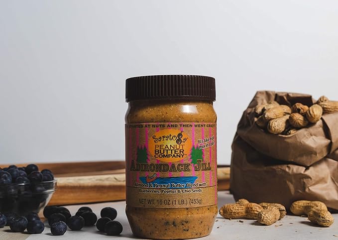 Saratoga Peanut Butter Company Adirondack Jill AlmondPeanut Blend with Blueberries Chia Seeds Cinnamon Honey Pepitas. 16 Ounce Jar. Gluten Free Non GMO Freshly Made All Natural. Shipping oz jar