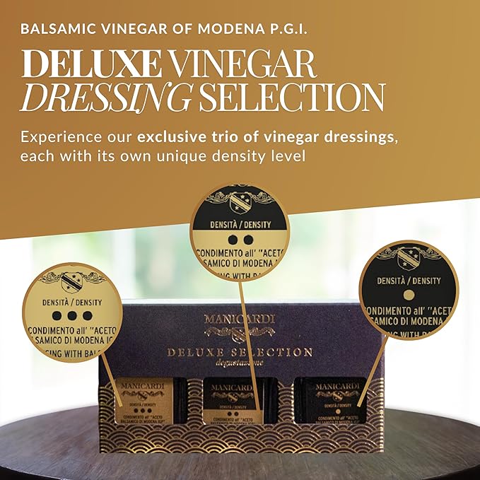 MANICARDI Set of 3 Condiments with Balsamic Vinegar of Modena PGI - Selected with Three Different Degrees of Density - Made in Italy 100 ml Each