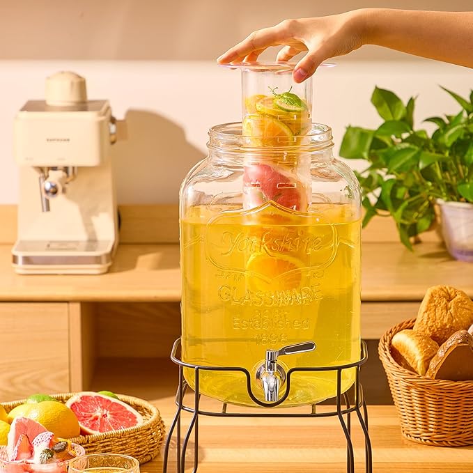 2 Gallon Glass Drink Dispensers for Parties Beverage Dispenser with Stand Fruit Infuser and Stainless Steel Spigot 100% Leakproof Beverage Dispenser for Lemonade Sun Tea