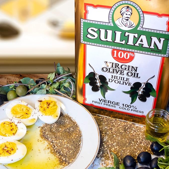 Sultan Premium Virgin Olive Oil – First Cold-Pressed Rich Fruity Flavor – Ideal for Salads Sautéeing Dips – Imported from Turkey – 128 FL. OZ