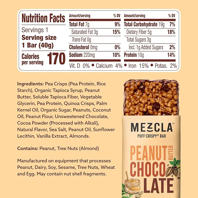 Mezcla Puff-Crispy Plant Based Protein Bars - Peanut Butter Chocolate - Healthy Snacks for Adults &amp Kids - Perfect School Travel &amp Office Snacks - Gluten Free Vegan Non GMO 10g Protein -