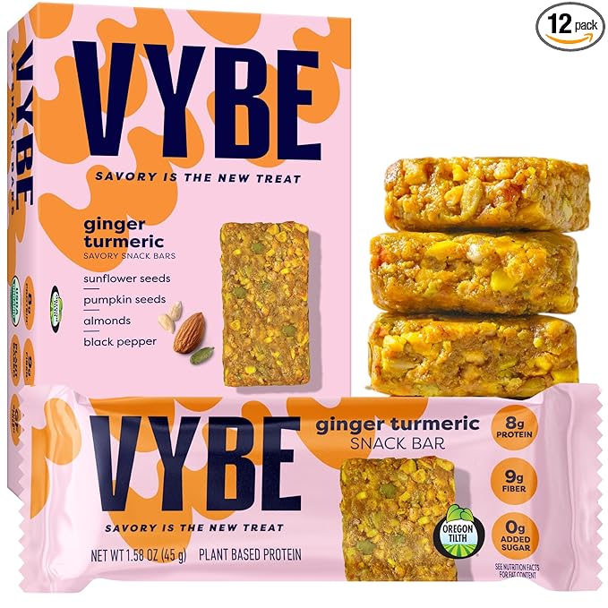 Vybe Snacks Savory Nutrition Bars Turmeric Ginger Flavor | Plant Based Vegan Zero Added Sugar Gluten Free Keto Friendly No Artificial Ingredients Organic 8-9 gm Protein &amp Gut Friendly Fiber