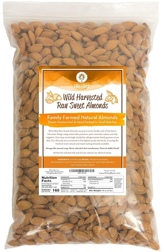 Raw Almonds Sweet Wild Harvested - Fresh &amp Plump - Naturally Steam Pasteurized 100% Natural Almonds - Family Farmed Since 1875 3lb. 5 &amp 10lb Bulk Bags Available - Ellie's Best …