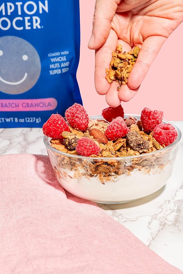 The Hampton Grocer Almond Butter &amp Chocolate Chunk Granola 3 pack - Gluten-Free Dairy-Free Organic Oats &amp Pumpkin Seeds Sweetened with Maple Syrup - Low Sugar Crunchy Small-Batch 8oz